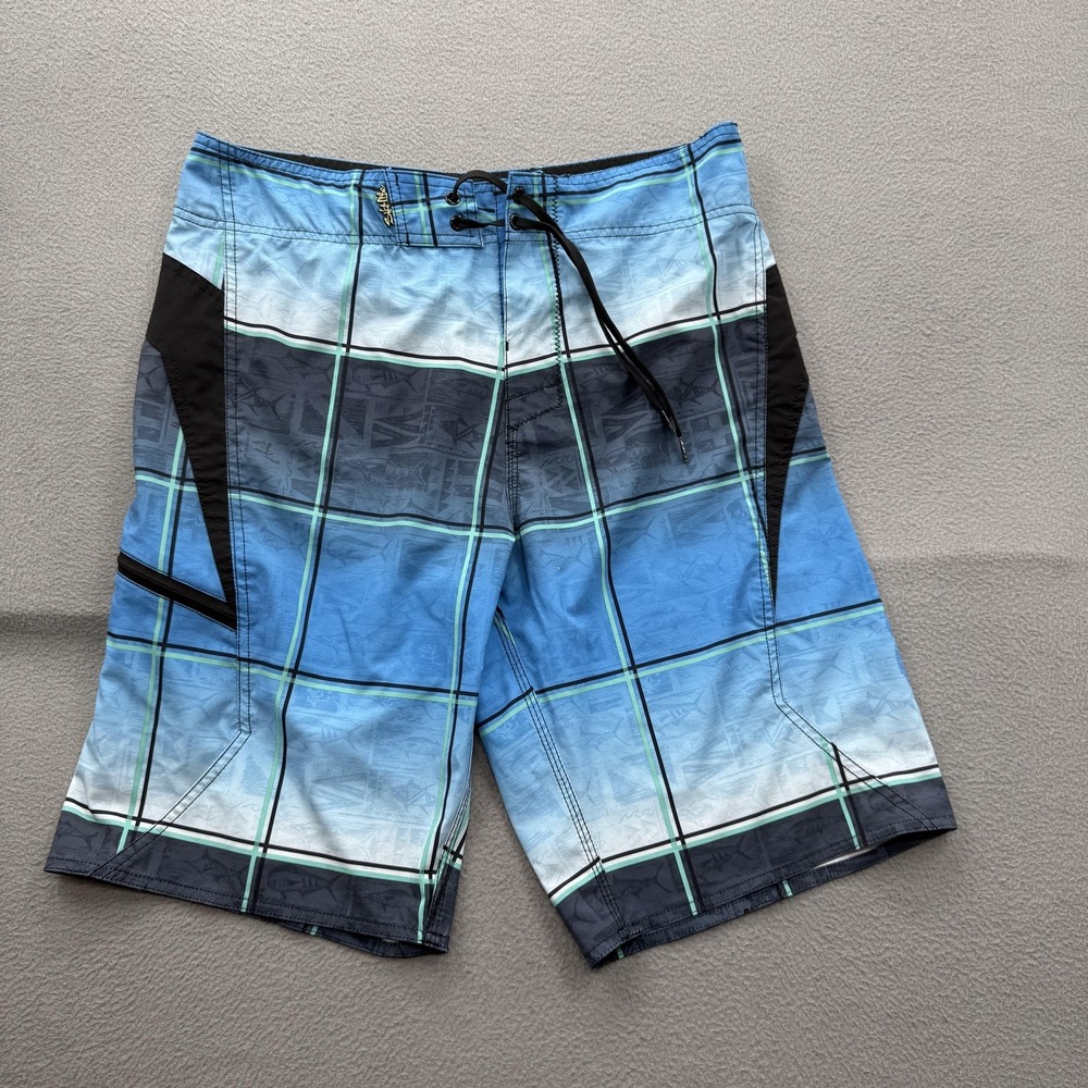 Salt Life Board Shorts Mens 34 Blue Plaid Swim Trunks Quick Dry Stretch Beach